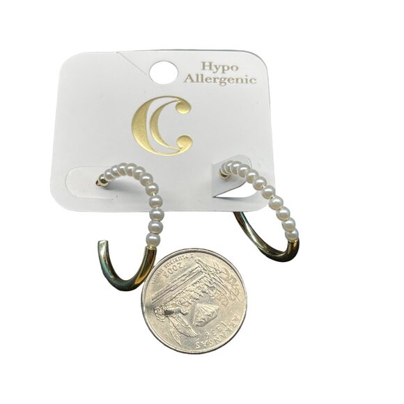 Charming Charlie Gold-Toned Hypoallergenic Pearl Beaded Hoop Earrings MSRP 16 - Picture 3 of 5